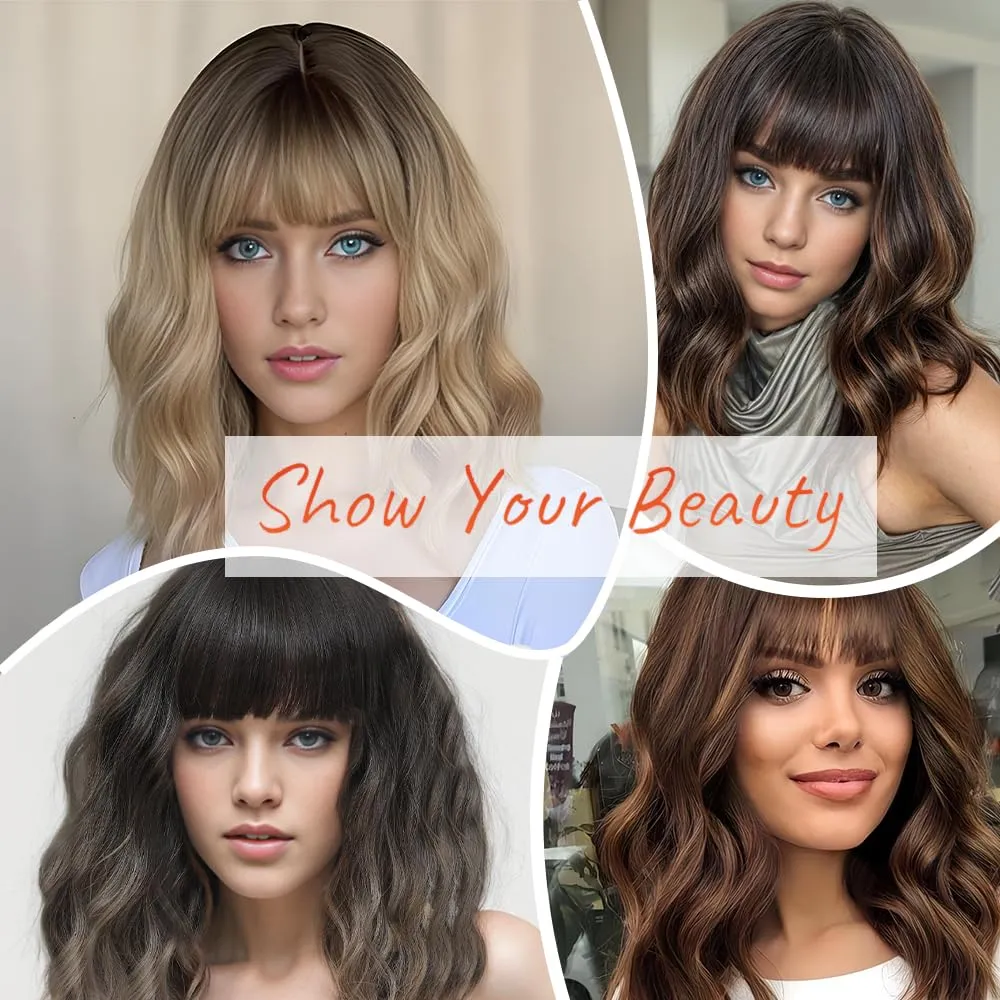 Short Wavy Black Highlight Brown Wig with Bangs 14inch Black Brown Wigs for Women Short Curly Bob Wigs Synthetic Natural Looking Hair Replacement Wigs Costume Cosplay Halloween Wig(14'' 1B30)