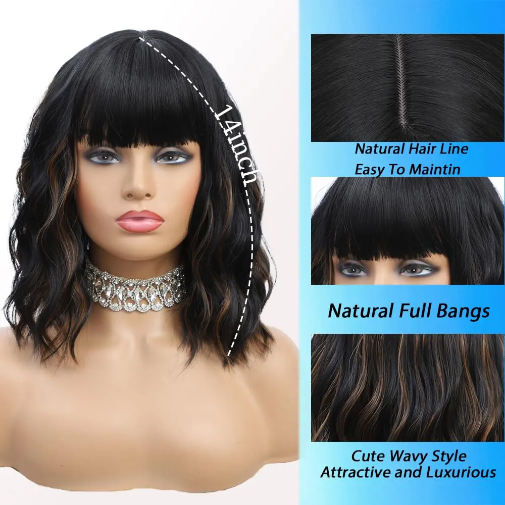 Short Wavy Black Highlight Brown Wig with Bangs 14inch Black Brown Wigs for Women Short Curly Bob Wigs Synthetic Natural Looking Hair Replacement Wigs Costume Cosplay Halloween Wig(14'' 1B30)
