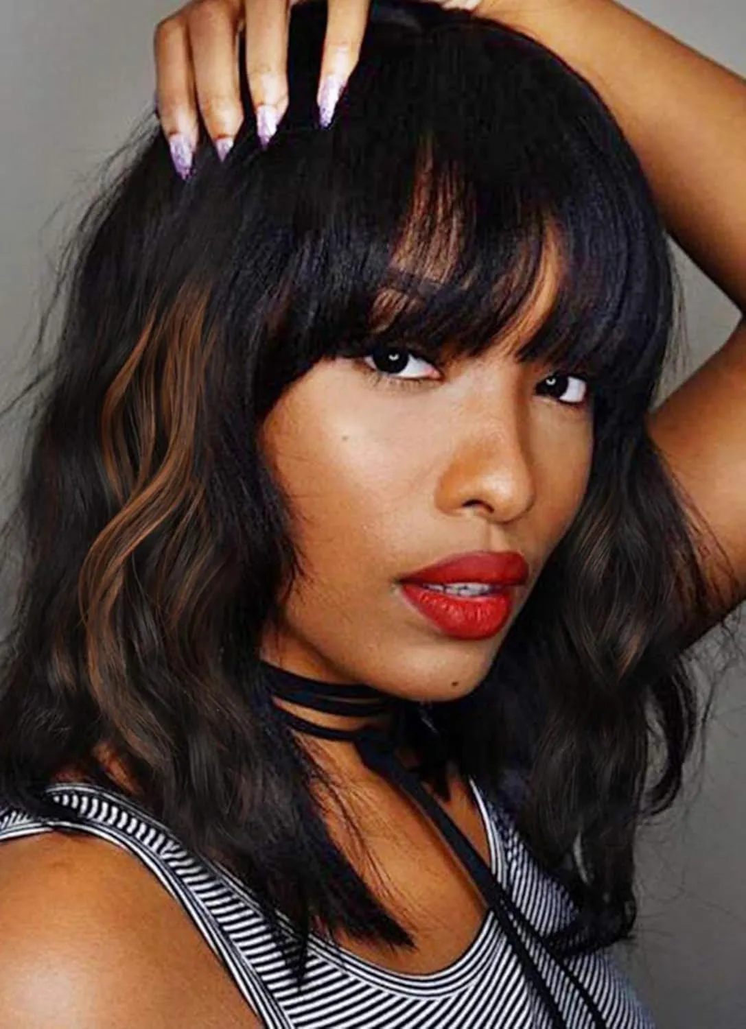 Short Wavy Black Highlight Brown Wig with Bangs 14inch Black Brown Wigs for Women Short Curly Bob Wigs Synthetic Natural Looking Hair Replacement Wigs Costume Cosplay Halloween Wig(14'' 1B30)