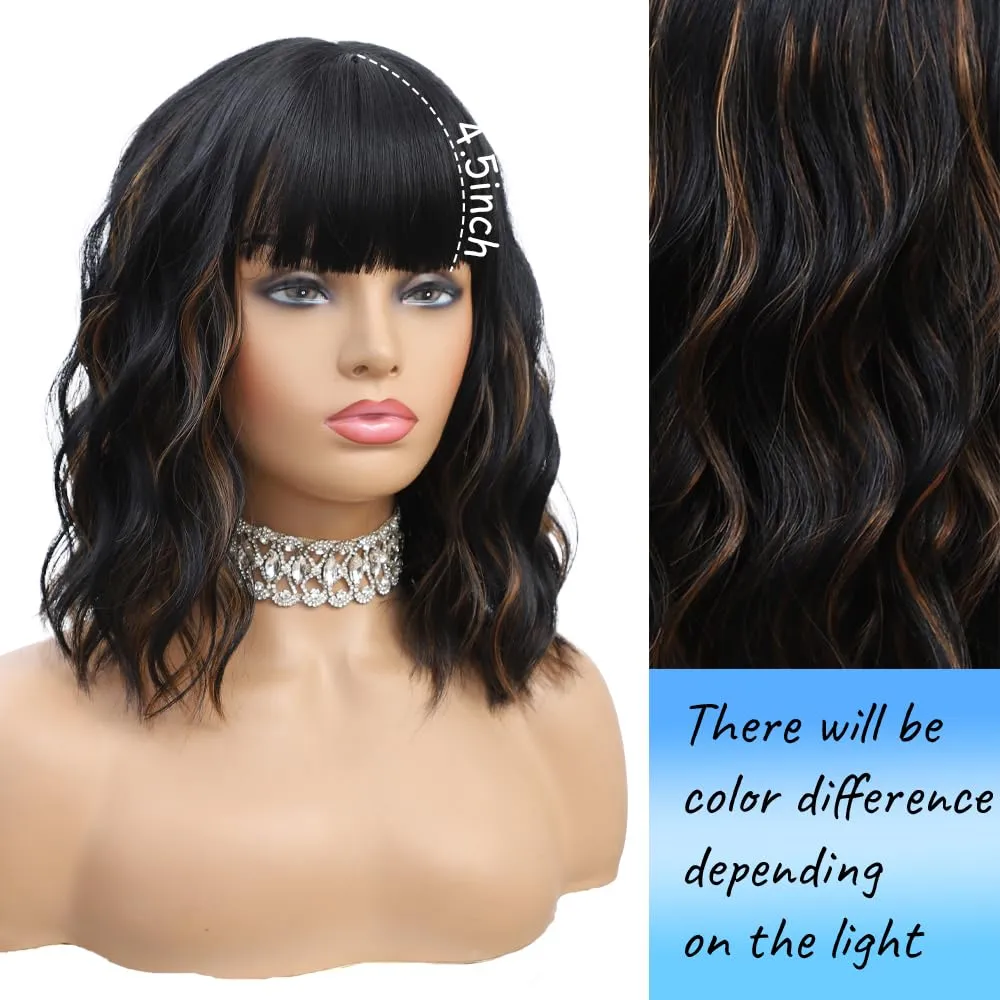 Short Wavy Black Highlight Brown Wig with Bangs 14inch Black Brown Wigs for Women Short Curly Bob Wigs Synthetic Natural Looking Hair Replacement Wigs Costume Cosplay Halloween Wig(14'' 1B30)