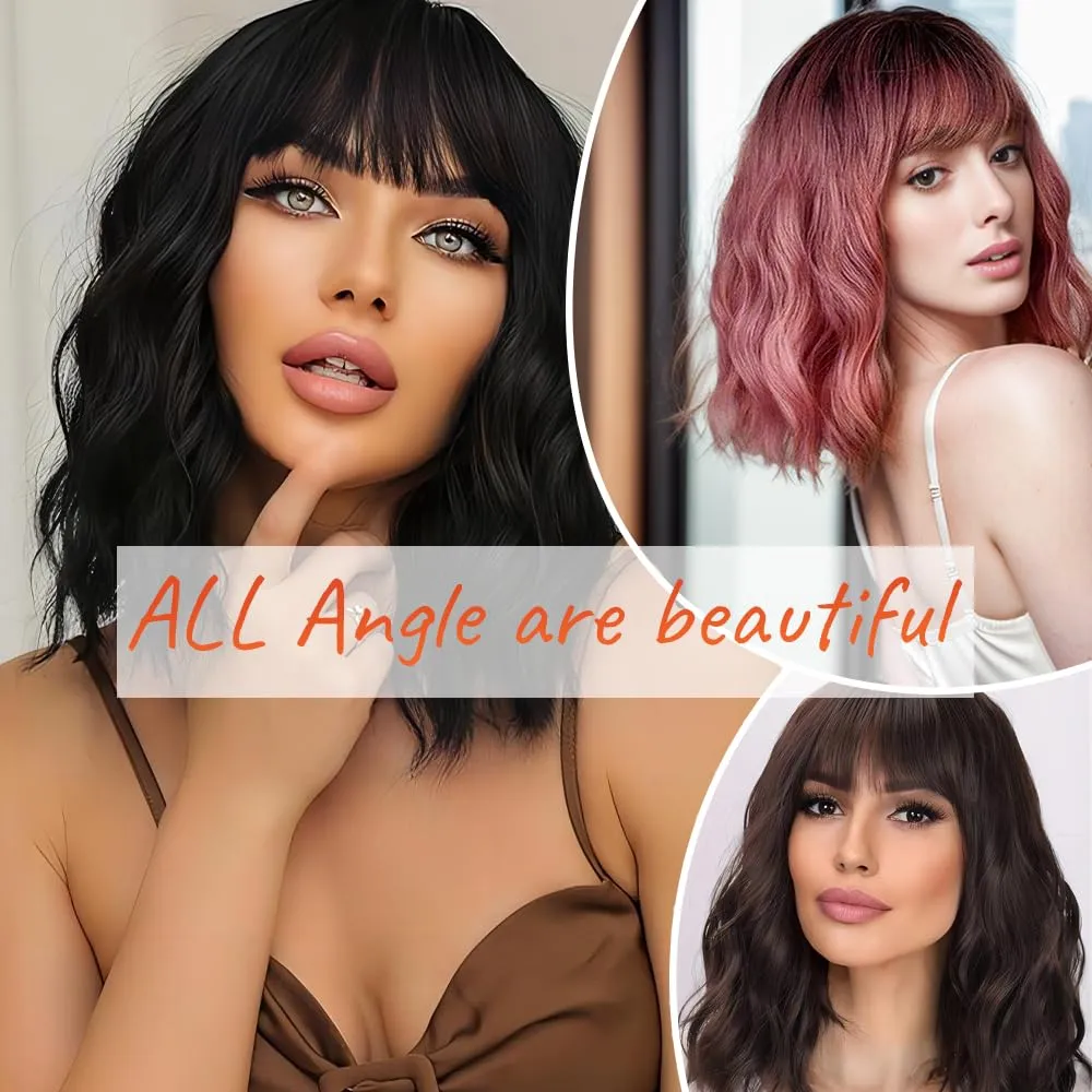 Short Wavy Black Wig with Bangs 14inch Natural Black Wigs for Women Short Curly Bob Wigs Synthetic Natural Looking Hair Replacement Wigs Costume Cosplay Halloween Wig(14'' Black)