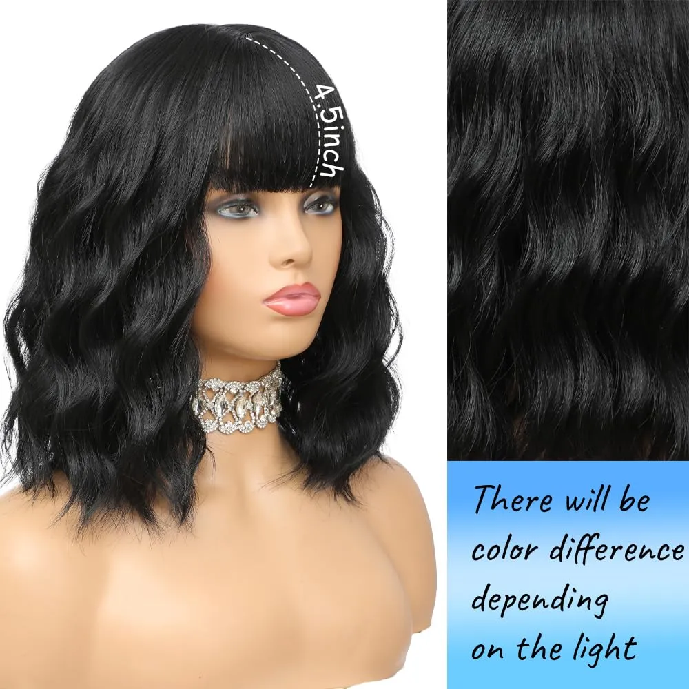 Short Wavy Black Wig with Bangs 14inch Natural Black Wigs for Women Short Curly Bob Wigs Synthetic Natural Looking Hair Replacement Wigs Costume Cosplay Halloween Wig(14'' Black)