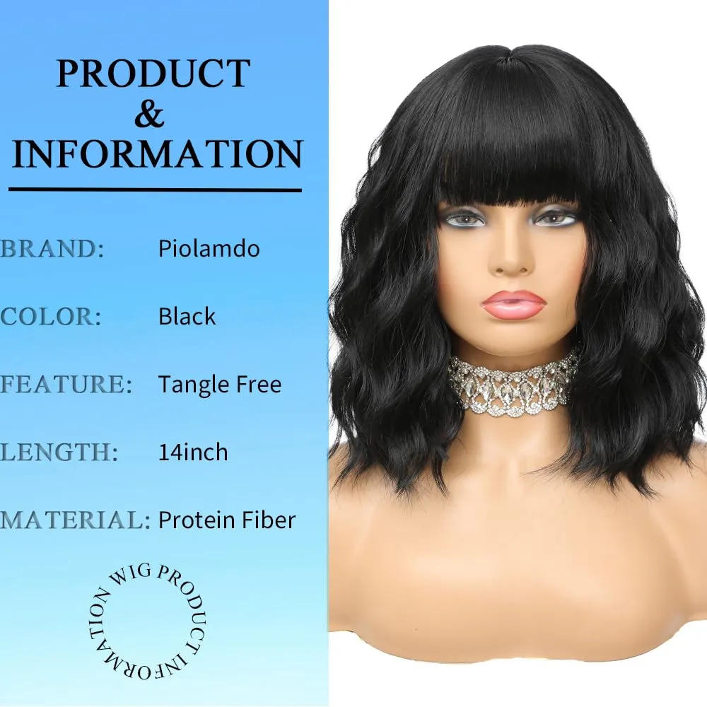 Short Wavy Black Wig with Bangs 14inch Natural Black Wigs for Women Short Curly Bob Wigs Synthetic Natural Looking Hair Replacement Wigs Costume Cosplay Halloween Wig(14'' Black)