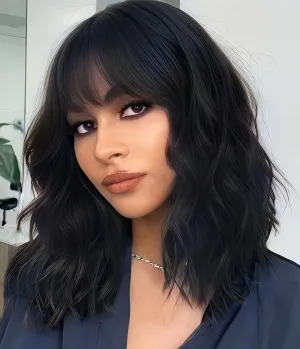 Short Wavy Black Wig with Bangs 14inch Natural Black Wigs for Women Short Curly Bob Wigs Synthetic Natural Looking Hair Replacement Wigs Costume Cosplay Halloween Wig(14'' Black)