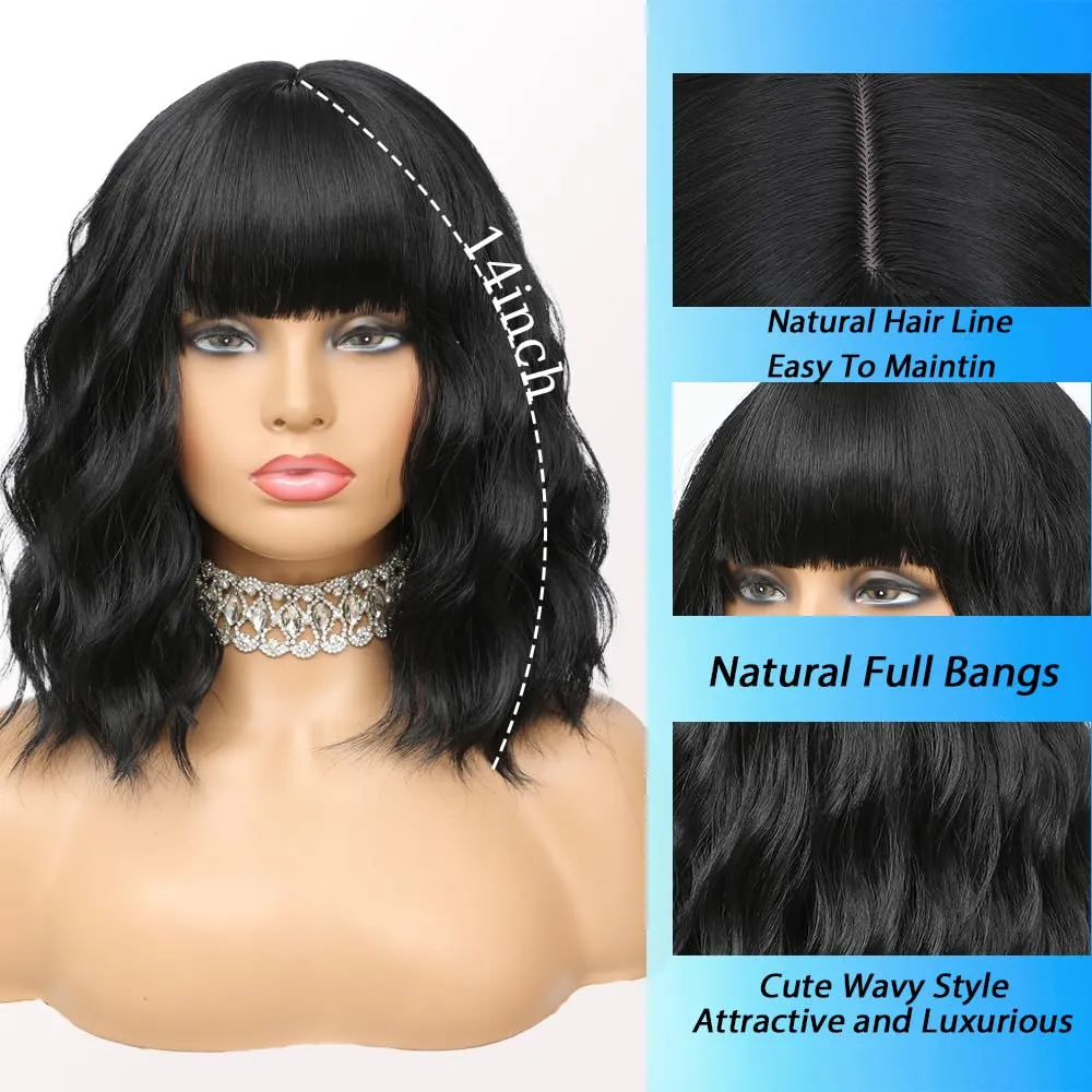 Short Wavy Black Wig with Bangs 14inch Natural Black Wigs for Women Short Curly Bob Wigs Synthetic Natural Looking Hair Replacement Wigs Costume Cosplay Halloween Wig(14'' Black)