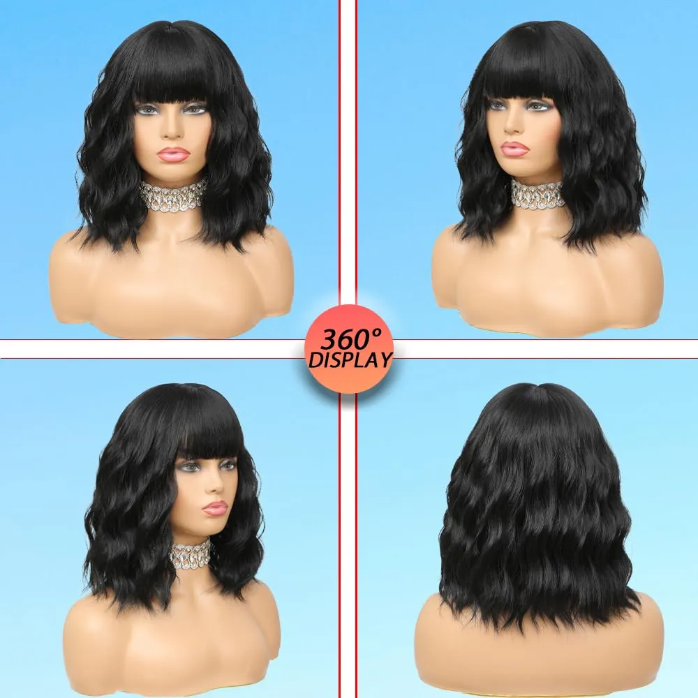 Short Wavy Black Wig with Bangs 14inch Natural Black Wigs for Women Short Curly Bob Wigs Synthetic Natural Looking Hair Replacement Wigs Costume Cosplay Halloween Wig(14'' Black)