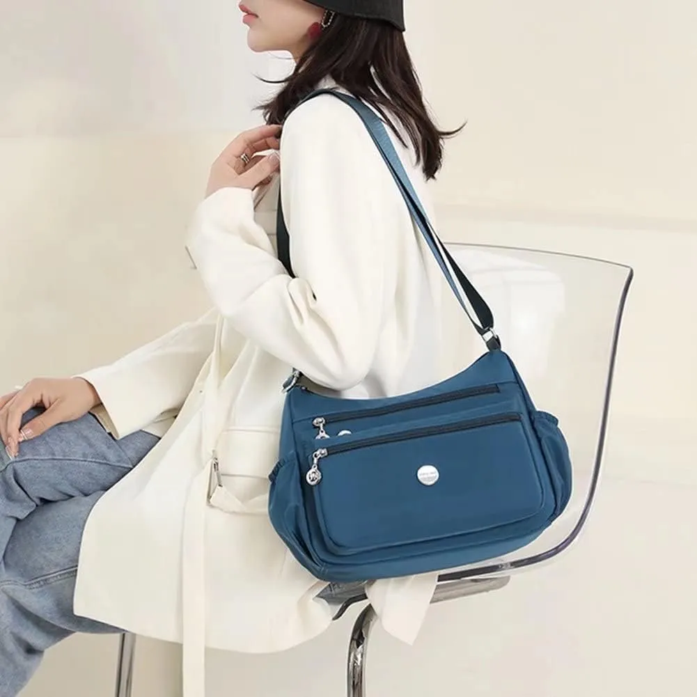 Shoulder Bag for Women Multi Zip Pocket Crossbody Bag Large Capacity Satchel Nylon Handbag Casual Purse