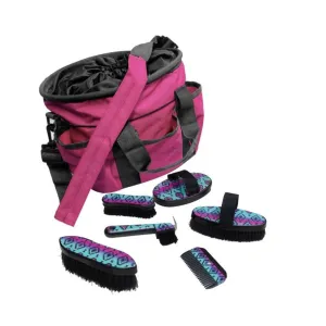Showman Grooming Tote Bag Kit with Shoulder Strap and Six Outer Pockets Navajo Print (Pink/Teal)