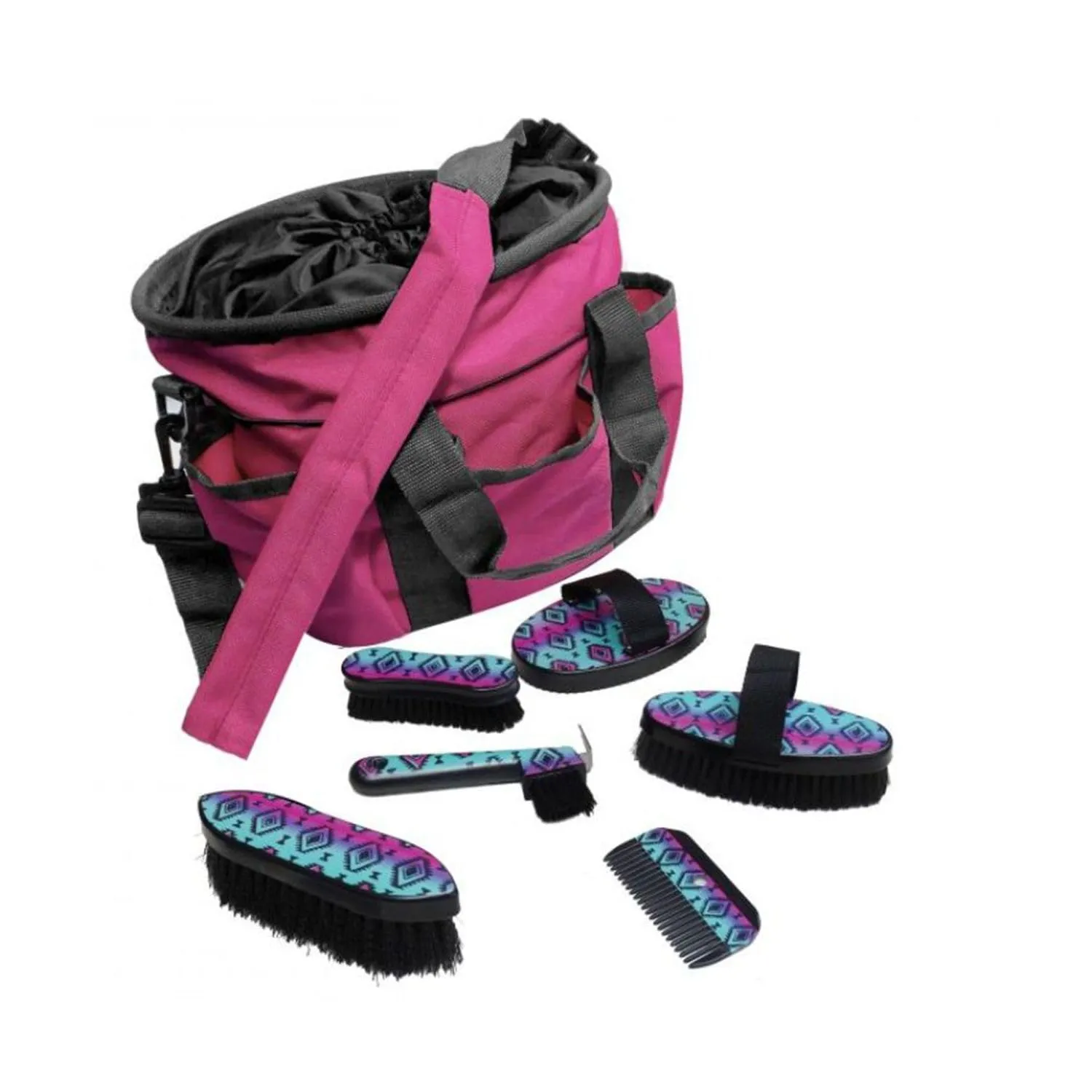 Showman Grooming Tote Bag Kit with Shoulder Strap and Six Outer Pockets Navajo Print (Pink/Teal)