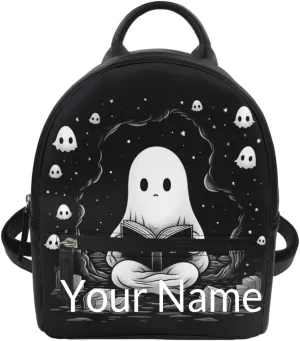 Showudesigns Custom Ghost Purse for Teen Girls Backpack Mini Handbag for Women Personalized Shoulder Bags Cute Backpacks With Zipper Daypack Black Handbag Tote Halloween Gifts Your Name Here