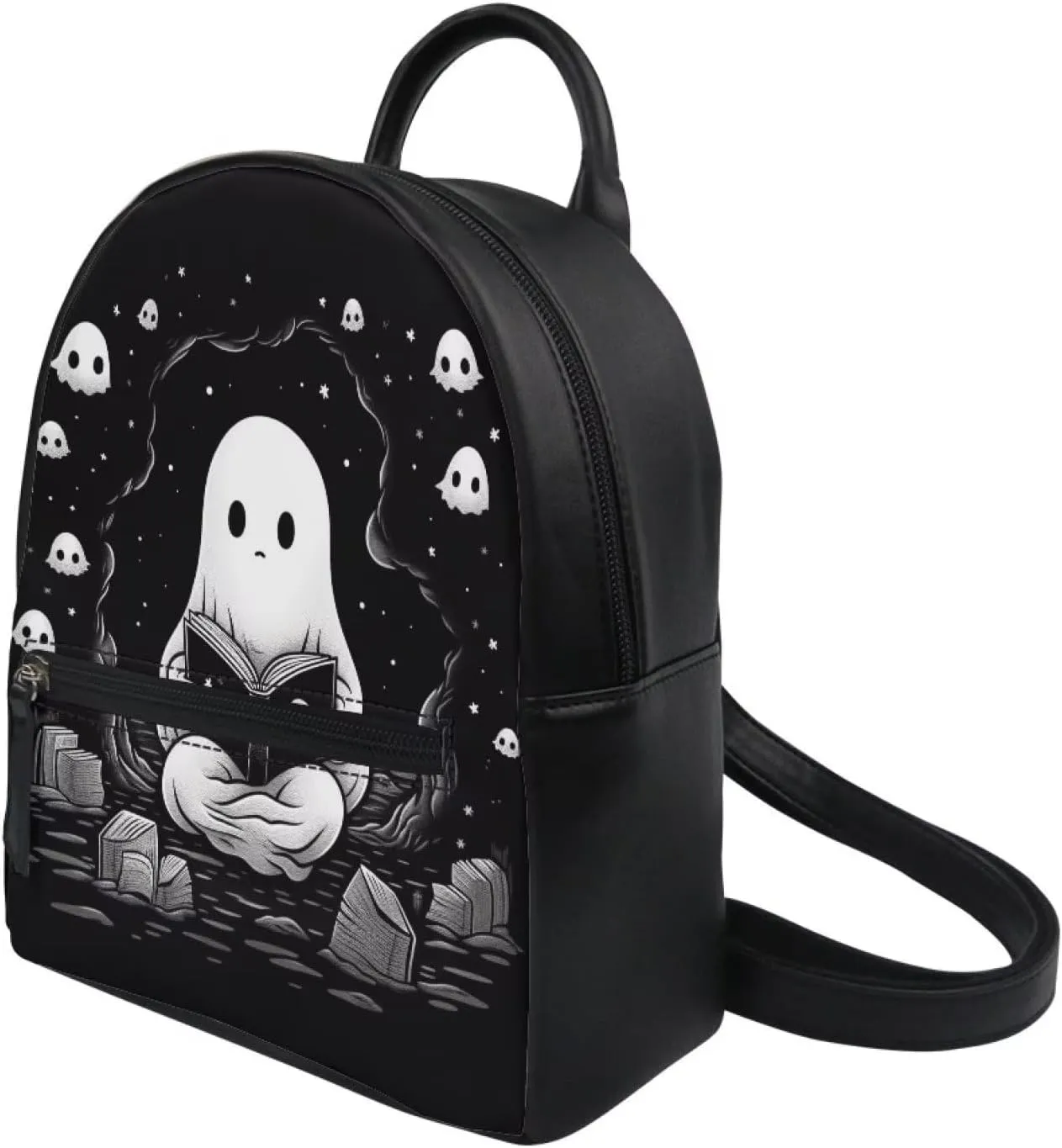 Showudesigns Custom Ghost Purse for Teen Girls Backpack Mini Handbag for Women Personalized Shoulder Bags Cute Backpacks With Zipper Daypack Black Handbag Tote Halloween Gifts Your Name Here