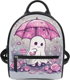 Showudesigns Cute Ghost Backpack for Women Teenager Purse Gifts Mini Pu Leather Backpacks Ladies Small Shoulder Bag Casual Daypack Rose Flower Handbag Grey