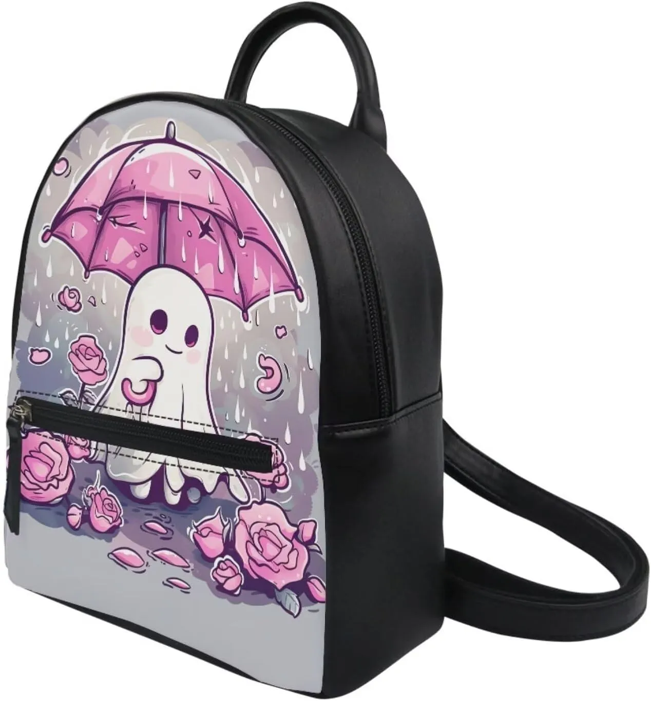 Showudesigns Cute Ghost Backpack for Women Teenager Purse Gifts Mini Pu Leather Backpacks Ladies Small Shoulder Bag Casual Daypack Rose Flower Handbag Grey