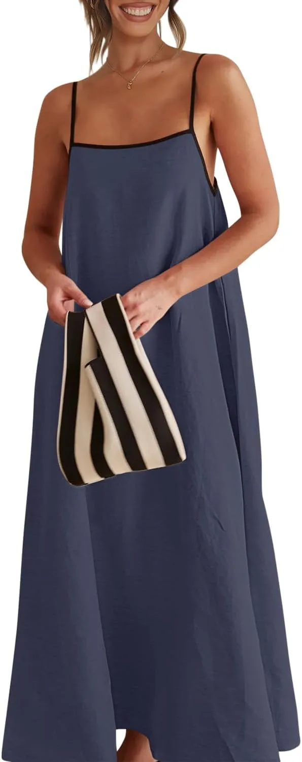 Shy Velvet Women's 2025 Summer Linen Maxi Dress Contrast Spaghetti Strap Dress Backless Sleeveless Casual Party Beach Dresses