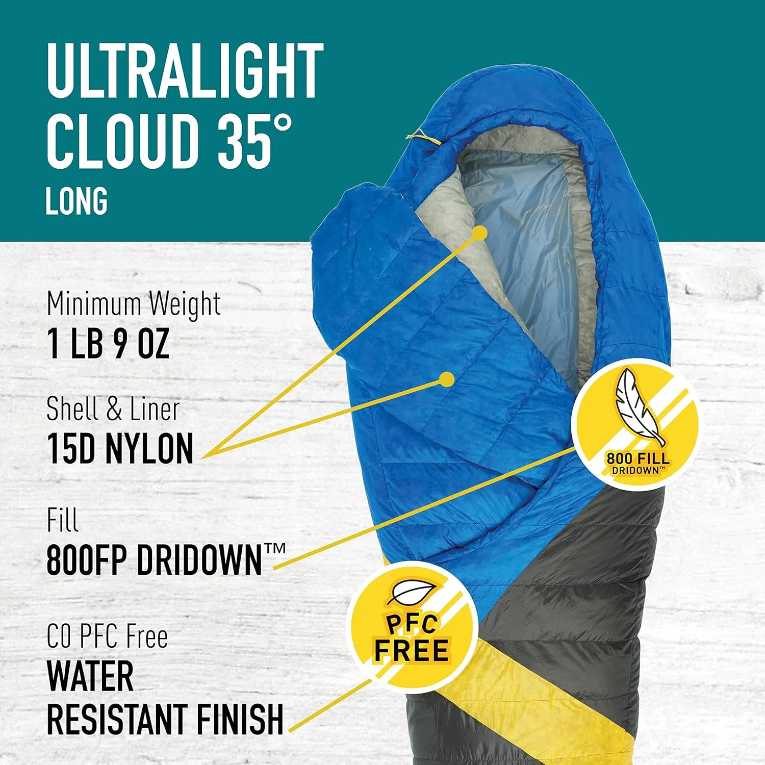 Sierra Designs Cloud 35 Degree DriDown Sleeping Bag Ultralight Zipperless Down Sleeping Bag for Backpacking and Camping