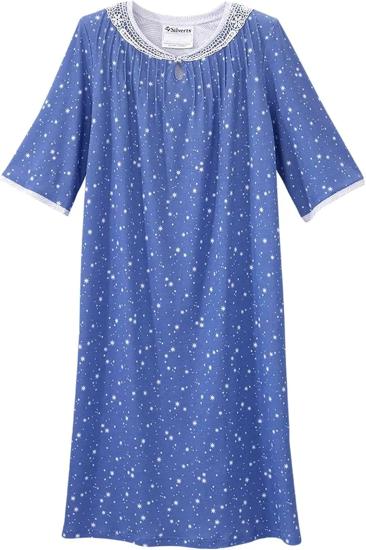 Silverts Open-Back Hospital Gowns for Women – Comfortable, Easy Dressing for Seniors & Patients - Lace Trim 2/3 Sleeve