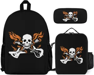 Skull with Crossed Flaming Guitars Casual Backpack Set 3-in-1 Lunch Bag Cute Pencil Case Bag Travel Unisex