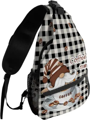 Sling Backpack, COFFEE TIME Gnome and Coffee Cup Black and White Plaid Waterproof Lightweight Small Sling Bag, Travel Chest Bag Crossbody Shoulder Bag Hiking Daypack for Women Men