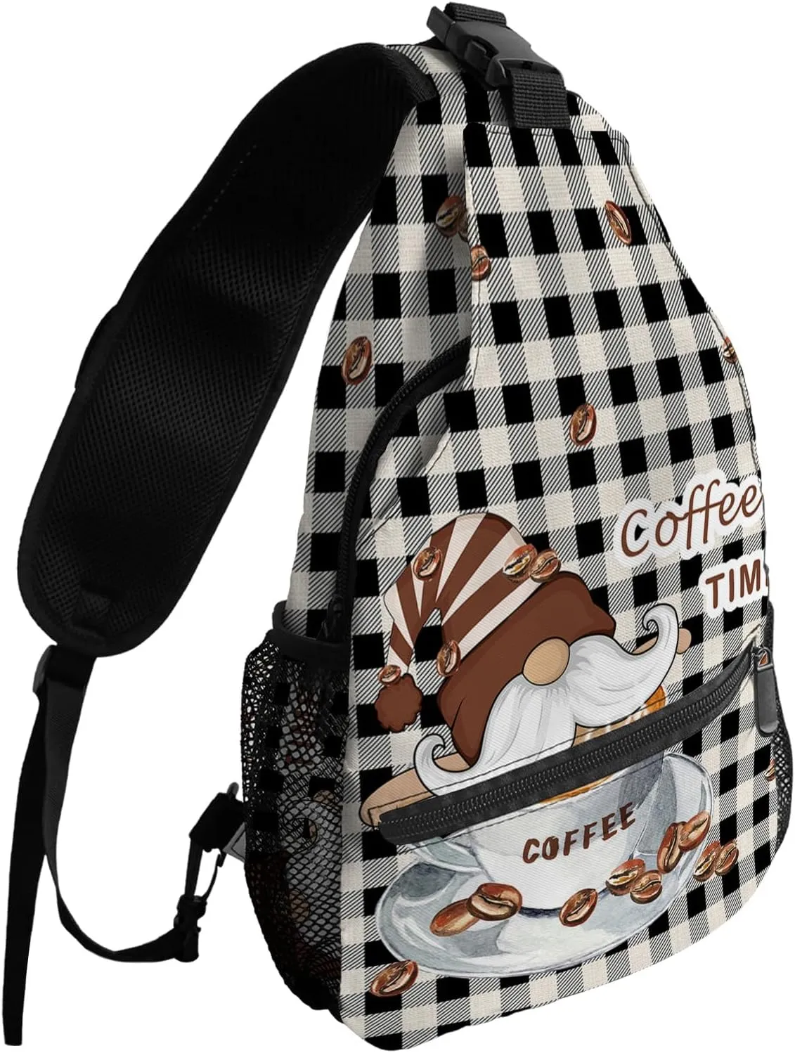Sling Backpack, COFFEE TIME Gnome and Coffee Cup Black and White Plaid Waterproof Lightweight Small Sling Bag, Travel Chest Bag Crossbody Shoulder Bag Hiking Daypack for Women Men