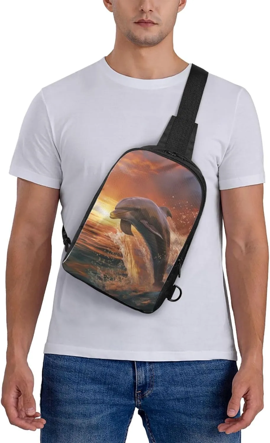 Sling Backpack Crossbody Sling Bag for Men Women Cross Chest Bag Dolphin Leaps into the Sea Shoulder Bag Travel Hiking Daypack