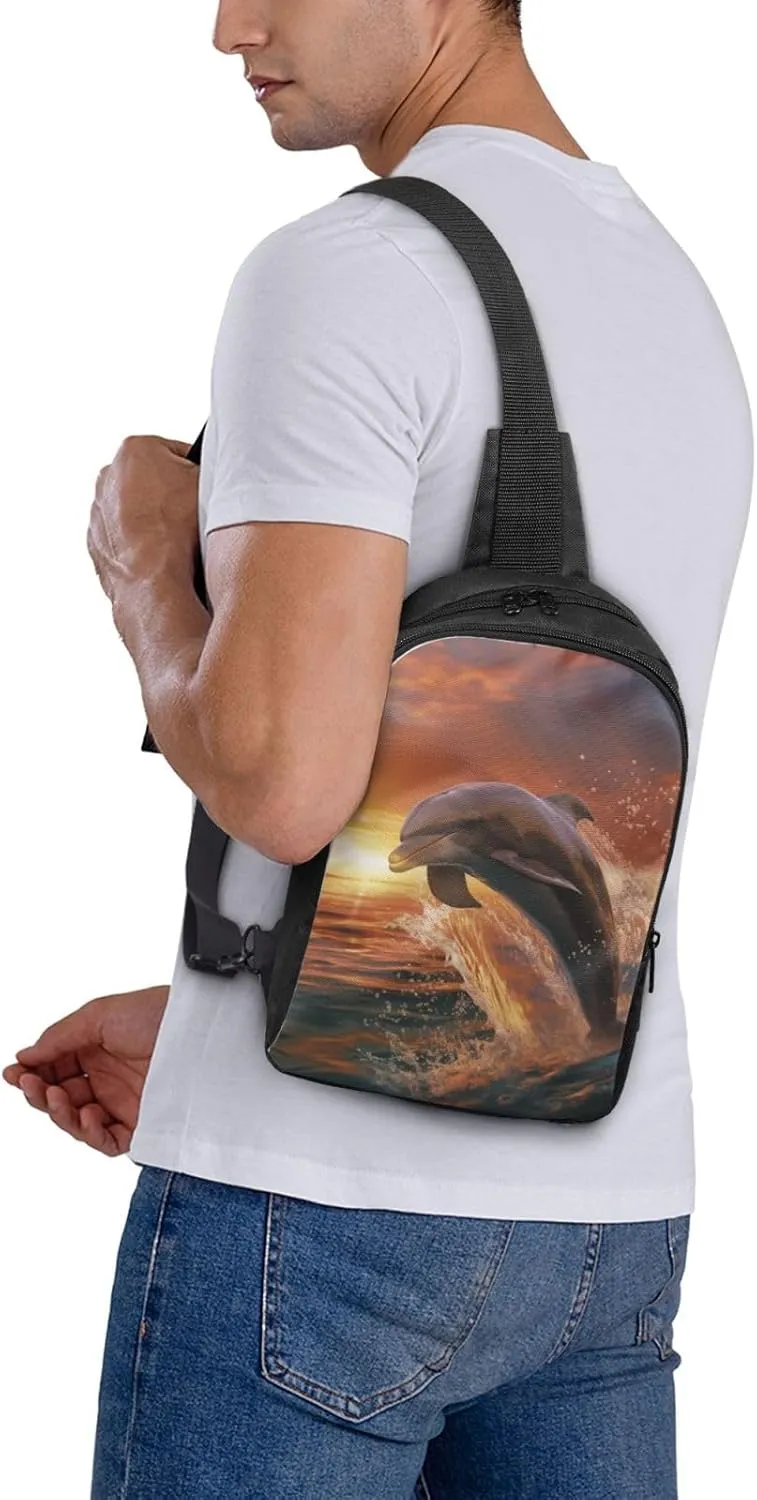 Sling Backpack Crossbody Sling Bag for Men Women Cross Chest Bag Dolphin Leaps into the Sea Shoulder Bag Travel Hiking Daypack