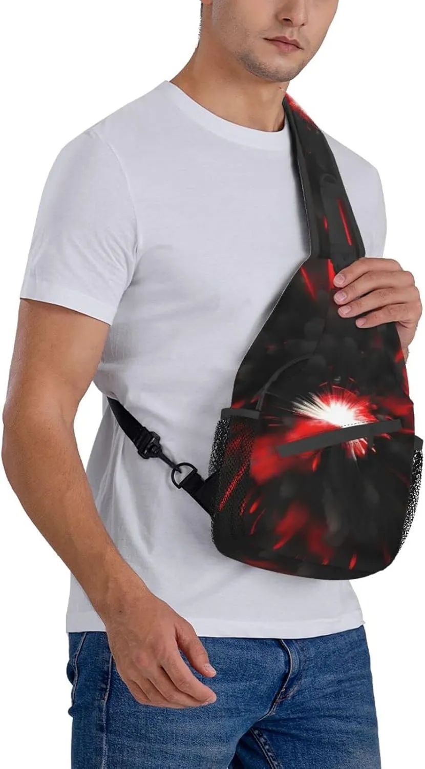 Sling Backpack,Men Cross Chest Bag Diagonally,Durable Adjustable Outdoor Cycling Travel Bag,Explosion Burst Red Black Print
