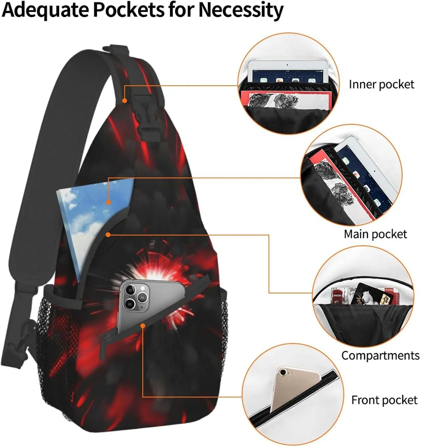 Sling Backpack,Men Cross Chest Bag Diagonally,Durable Adjustable Outdoor Cycling Travel Bag,Explosion Burst Red Black Print