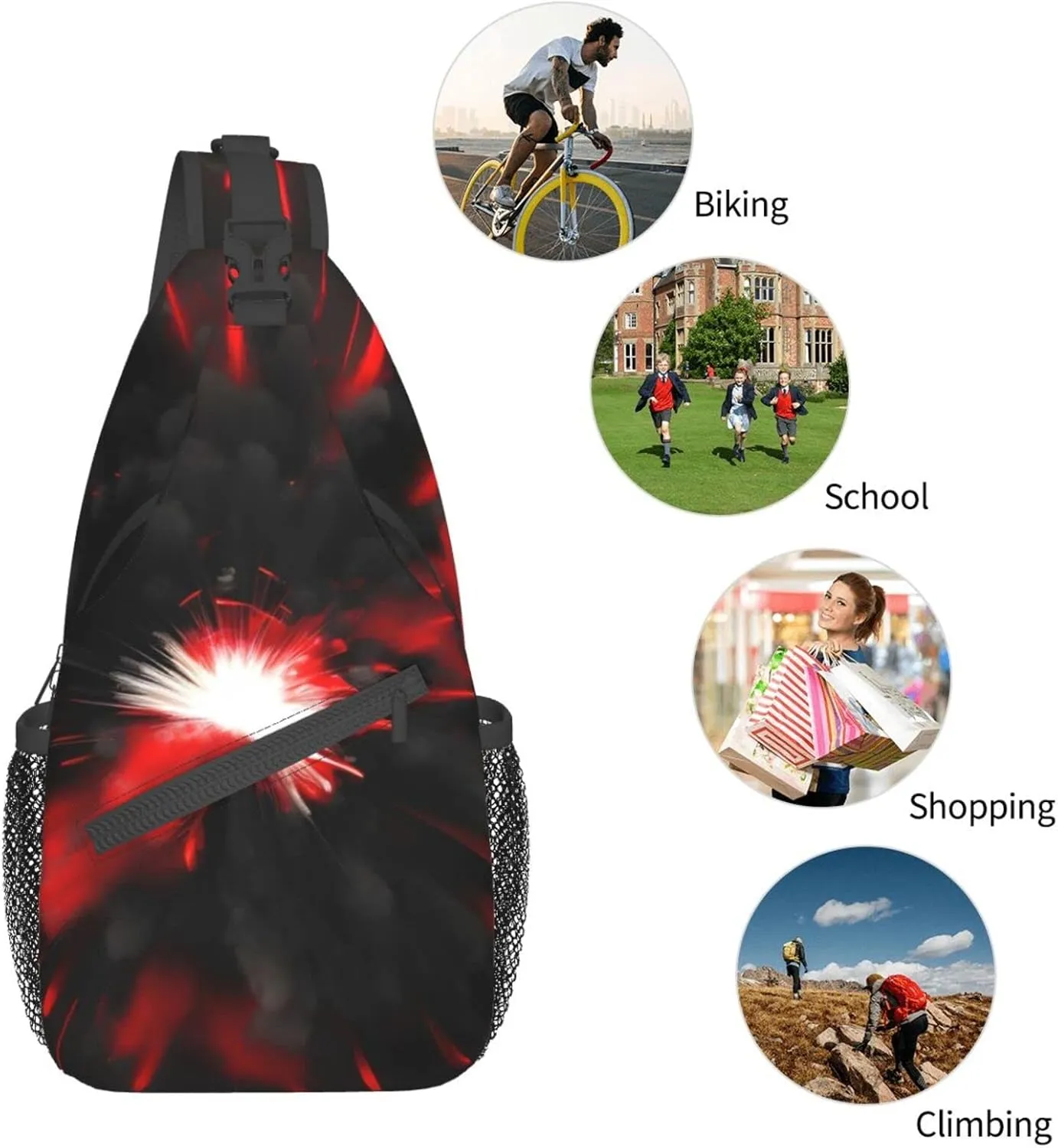 Sling Backpack,Men Cross Chest Bag Diagonally,Durable Adjustable Outdoor Cycling Travel Bag,Explosion Burst Red Black Print