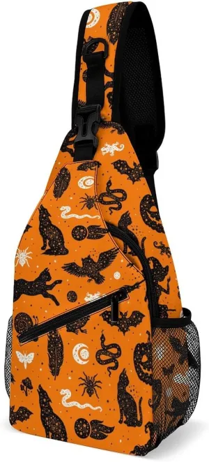 Sling Bag Anti Theft Halloween Abstract Animal Crossbody Shoulder Backpack Mystery Pumpkin Star Adjustable Lightweight Travel Hiking Chest Bag for Men Women