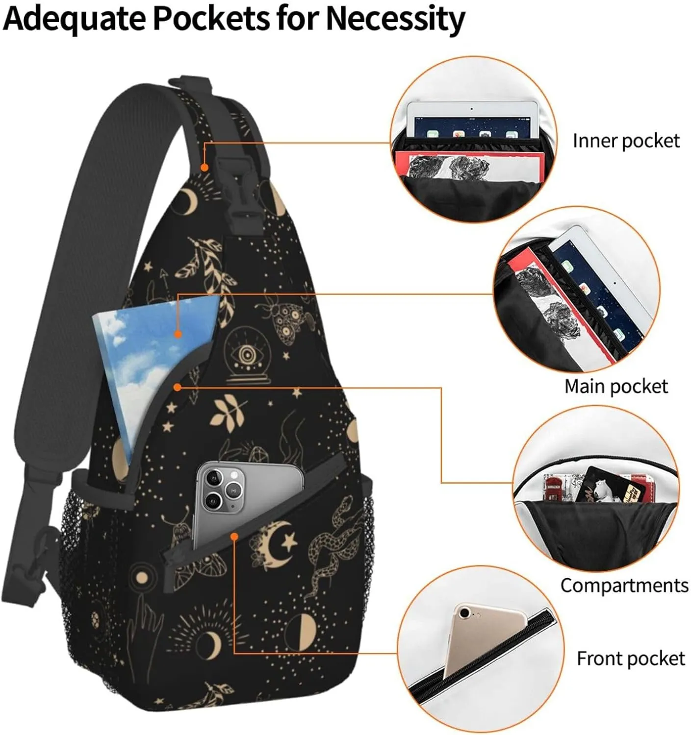 Sling Bag for Men Women Boho Magic Tarot Witch Crossbody Backpack Casual Hiking Daypack for Travel Sport Running Chest Bag