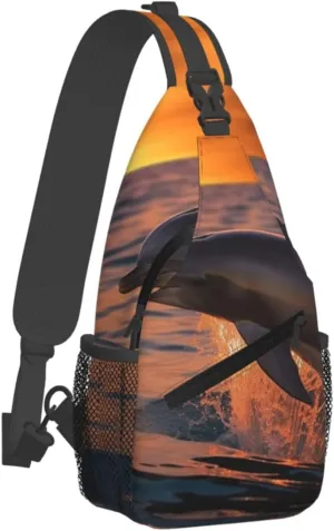 Sling Bag for Women Men Chest Bag Dusk Dolphin Crossbody Bag Small Sling Backpack Fanny Packs Hiking Daypack