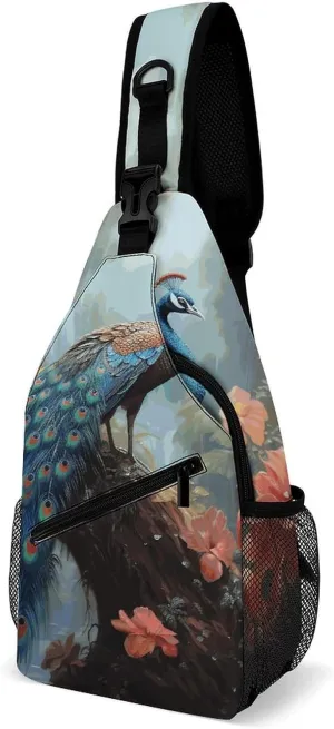 Sling Bag for Women Men Crossbody Bag Magic Forest Pond Peacock Chest Bag Sling Backpack Fanny Pack Casual Daypack for Travel