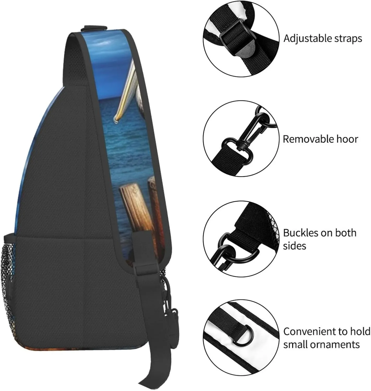 Sling Bag for Women Men Crossbody Bag Small Sling Backpack Pelican Bird Blue Sea Air Chest Bag Hiking Daypack