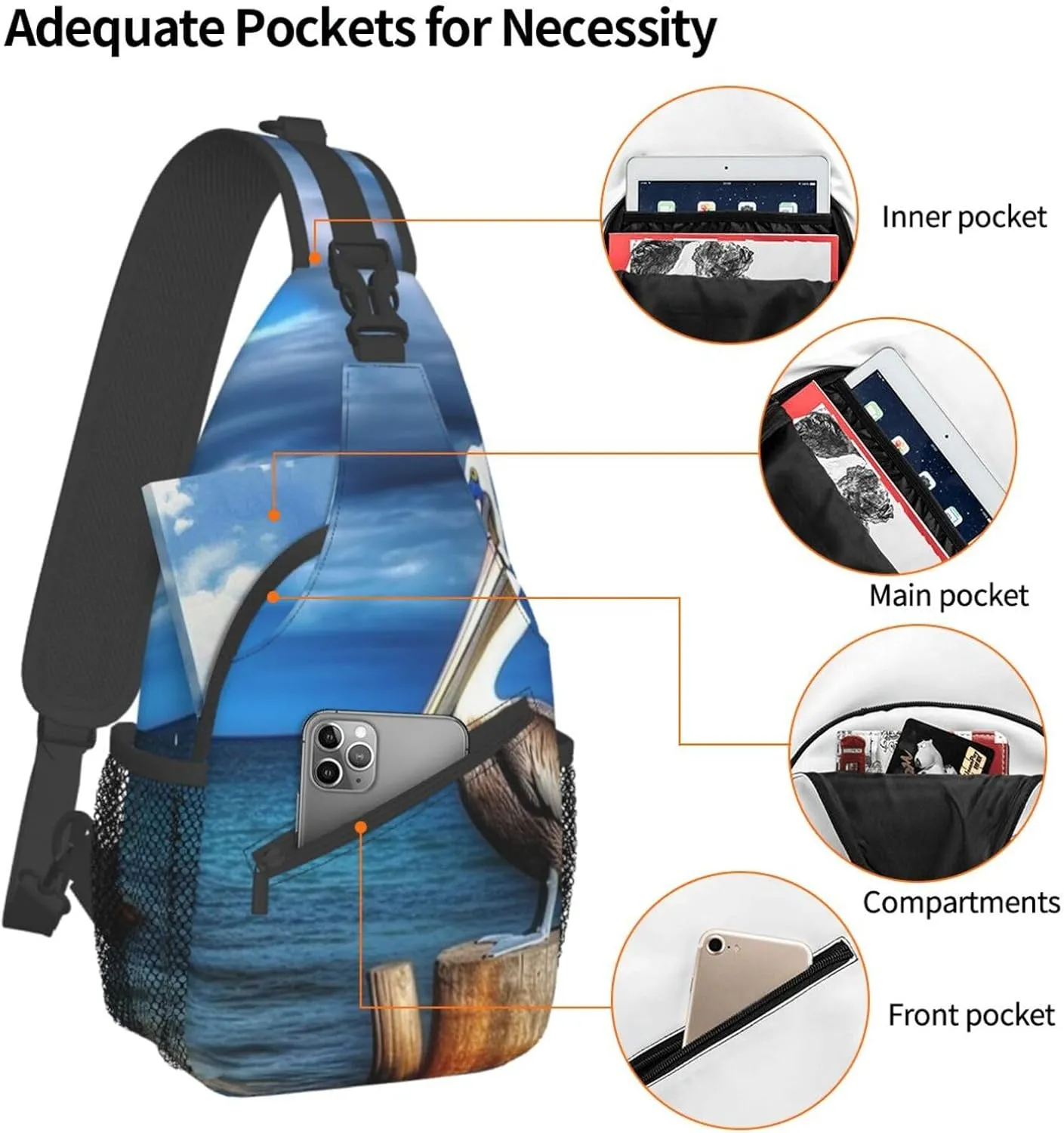 Sling Bag for Women Men Crossbody Bag Small Sling Backpack Pelican Bird Blue Sea Air Chest Bag Hiking Daypack