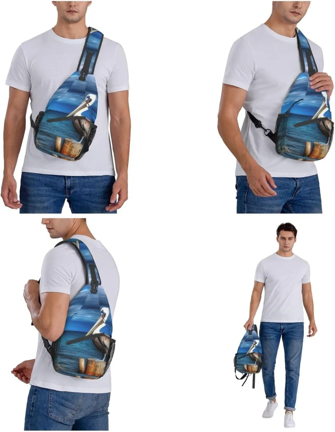 Sling Bag for Women Men Crossbody Bag Small Sling Backpack Pelican Bird Blue Sea Air Chest Bag Hiking Daypack