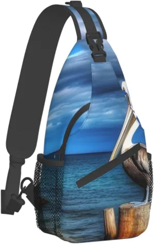 Sling Bag for Women Men Crossbody Bag Small Sling Backpack Pelican Bird Blue Sea Air Chest Bag Hiking Daypack