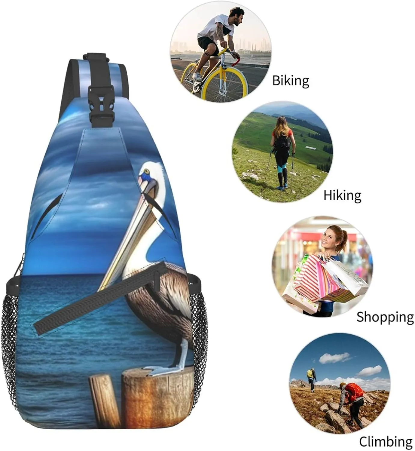 Sling Bag for Women Men Crossbody Bag Small Sling Backpack Pelican Bird Blue Sea Air Chest Bag Hiking Daypack