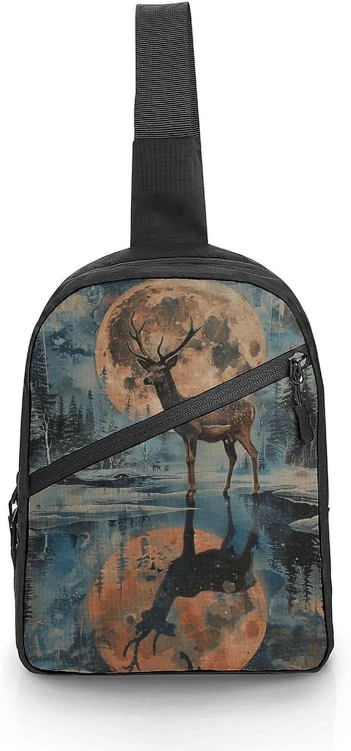 Sling Bag for Women Men Daypack Deer And Moon Chest Bag Crossbody Backpack for Hiking Travel