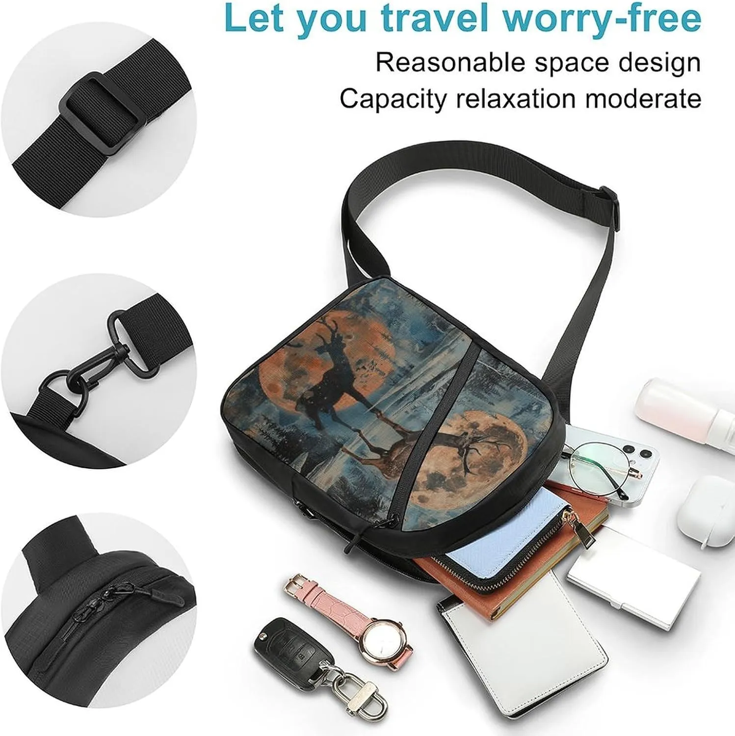 Sling Bag for Women Men Daypack Deer And Moon Chest Bag Crossbody Backpack for Hiking Travel