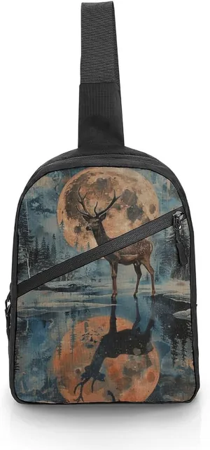 Sling Bag for Women Men Daypack Deer And Moon Chest Bag Crossbody Backpack for Hiking Travel