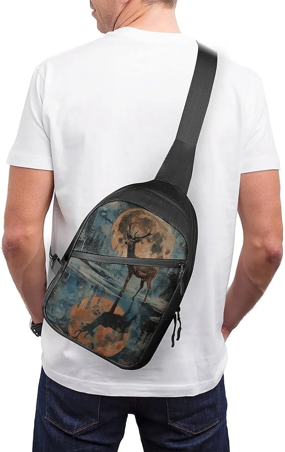 Sling Bag for Women Men Daypack Deer And Moon Chest Bag Crossbody Backpack for Hiking Travel