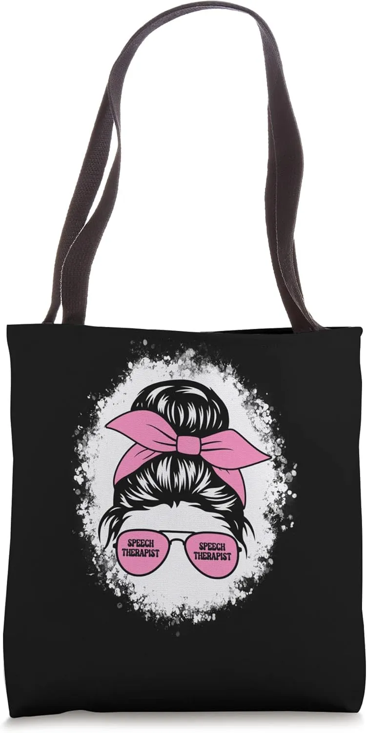 SLP Language Therapy Therapist Mental Health Messy Bun Tote Bag