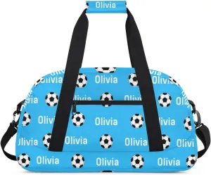 Soccer Custom Name Sport Gym Bag Personalized Football Overnight Duffel Bag for Boys Girls Weekender Bags Carry On Training Bag, Light Blue