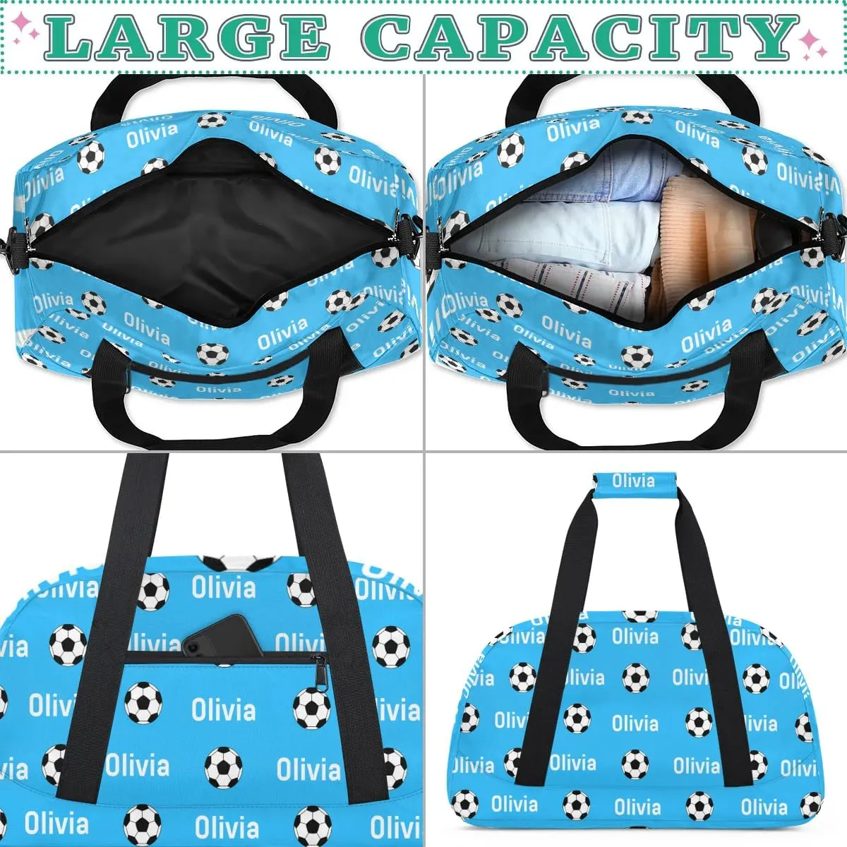 Soccer Custom Name Sport Gym Bag Personalized Football Overnight Duffel Bag for Boys Girls Weekender Bags Carry On Training Bag, Light Blue