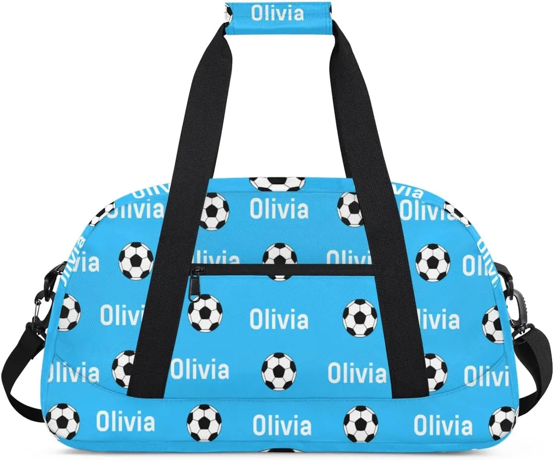 Soccer Custom Name Sport Gym Bag Personalized Football Overnight Duffel Bag for Boys Girls Weekender Bags Carry On Training Bag, Light Blue