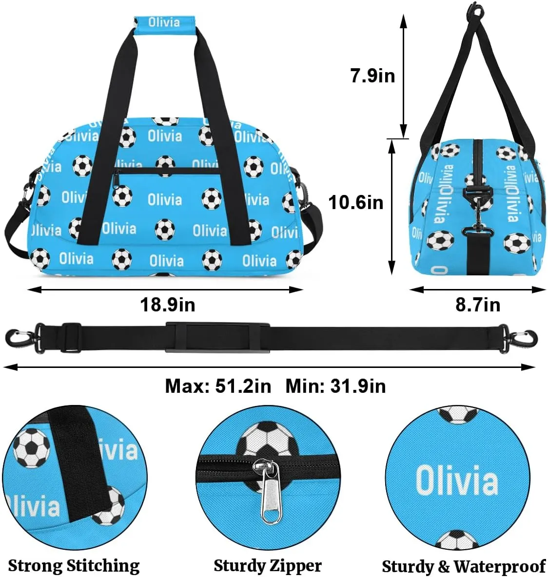 Soccer Custom Name Sport Gym Bag Personalized Football Overnight Duffel Bag for Boys Girls Weekender Bags Carry On Training Bag, Light Blue