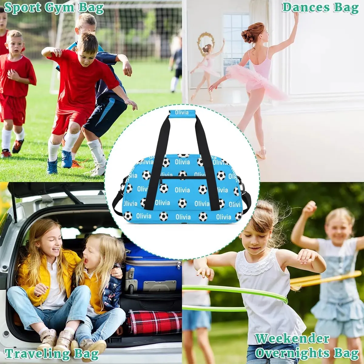 Soccer Custom Name Sport Gym Bag Personalized Football Overnight Duffel Bag for Boys Girls Weekender Bags Carry On Training Bag, Light Blue