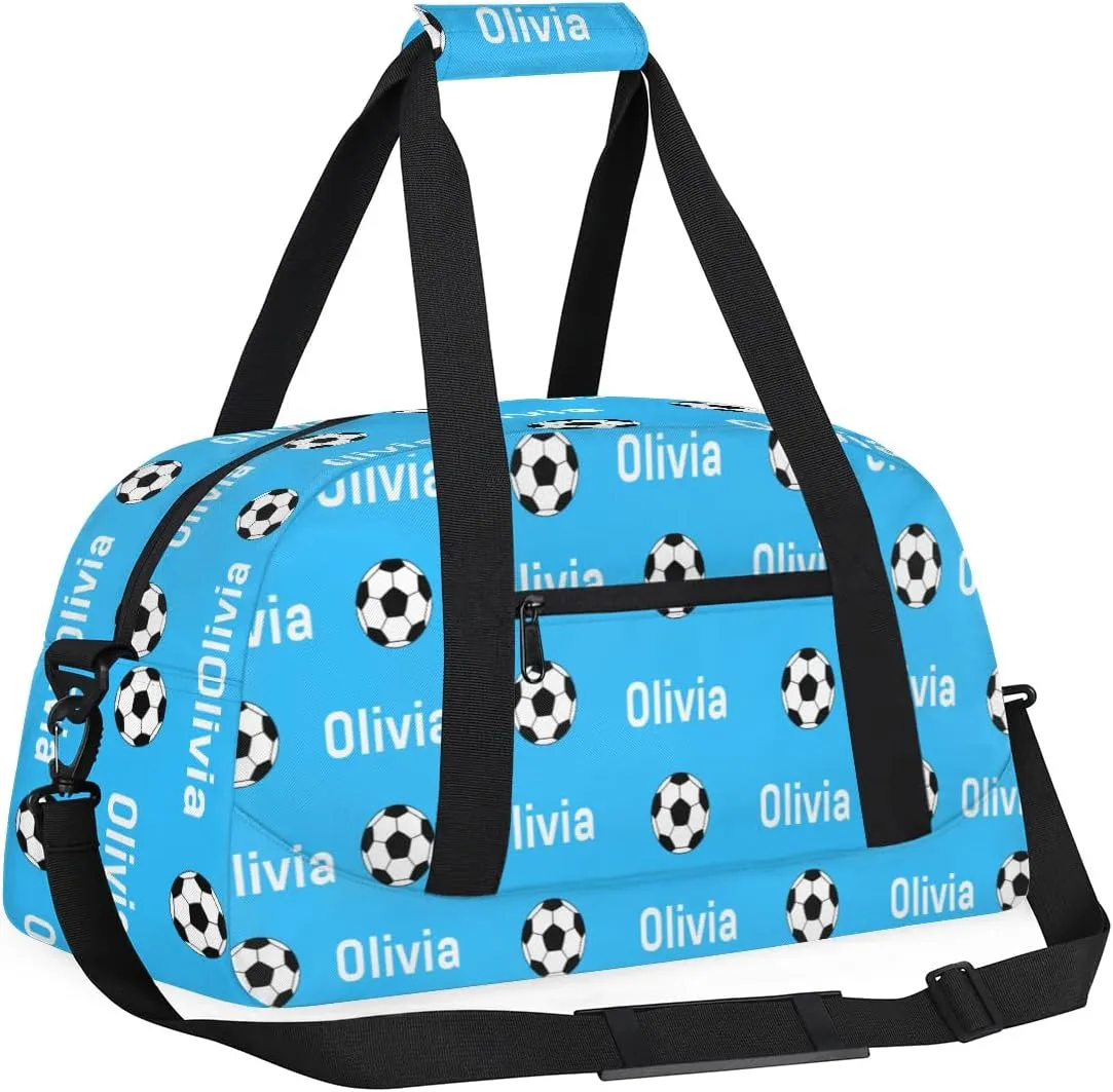 Soccer Custom Name Sport Gym Bag Personalized Football Overnight Duffel Bag for Boys Girls Weekender Bags Carry On Training Bag, Light Blue