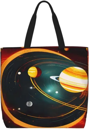 Solar System Jupiter Saturn Print Tote Bag,Multi-functional Reusable,Lightweight Crossbody,Work,Travel,Everyday Use