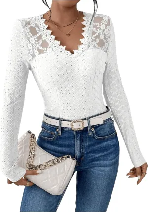 SOLY HUX Women's Lace Trim Tee Shirt Long Sleeve Eyelet Tops Casual V Neck Slim Fit Shirts Fall Outfit Clothes